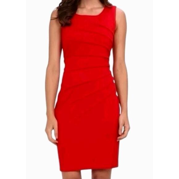 Calvin Klein ~Woman Size 10~Red Sheath Sunburst Pleat Party Dress Sleeveless NWT - Picture 1 of 16